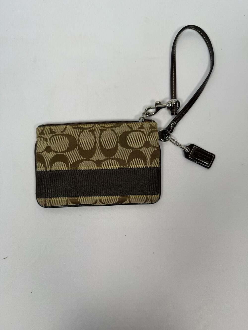 Coach Signature Monogram Brown Canvas and Leather Wristlet Pouch